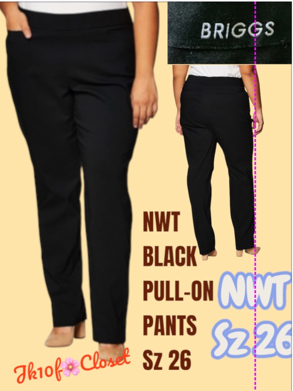 LOWEST🌺NWT BRIGGS NY Sz 26 BLACK PULL-ON STRAIGHT LEG PANTS